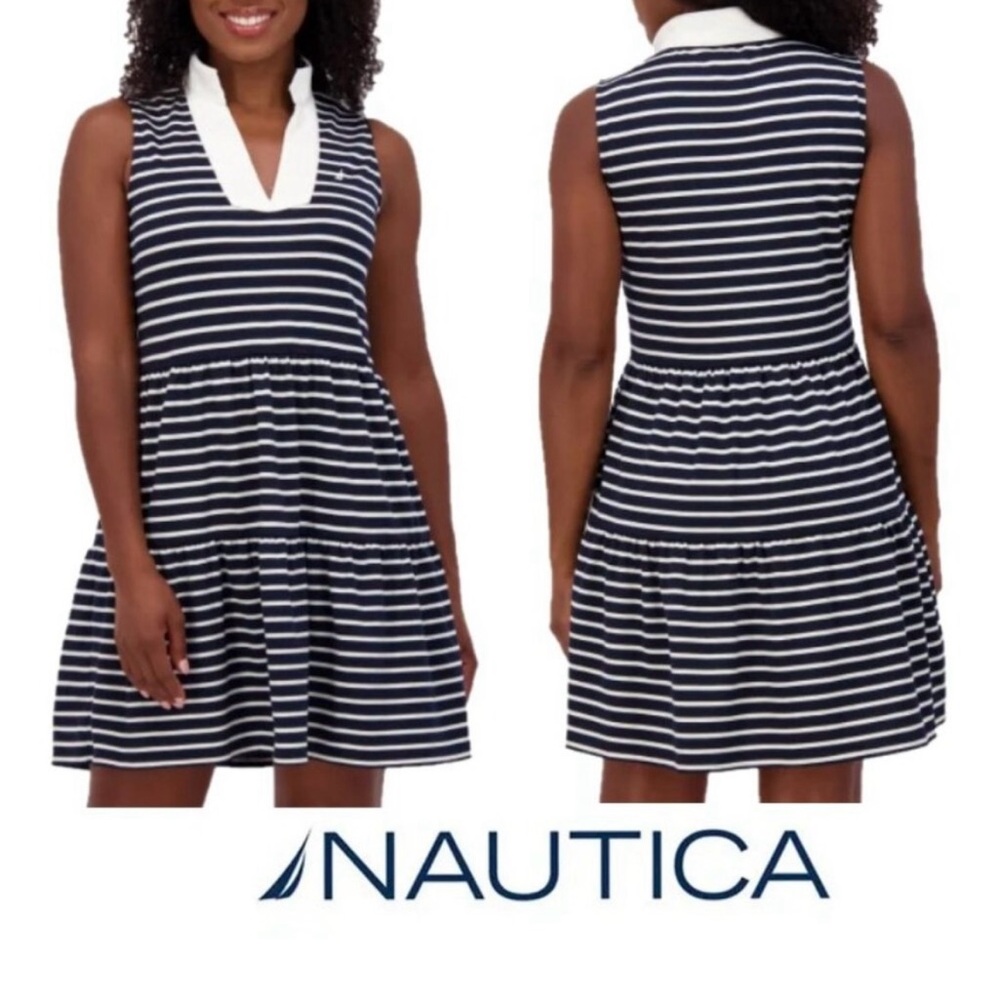 NWT Nautica Jeans Women's Tiered Dress, Navy Stripe - Large